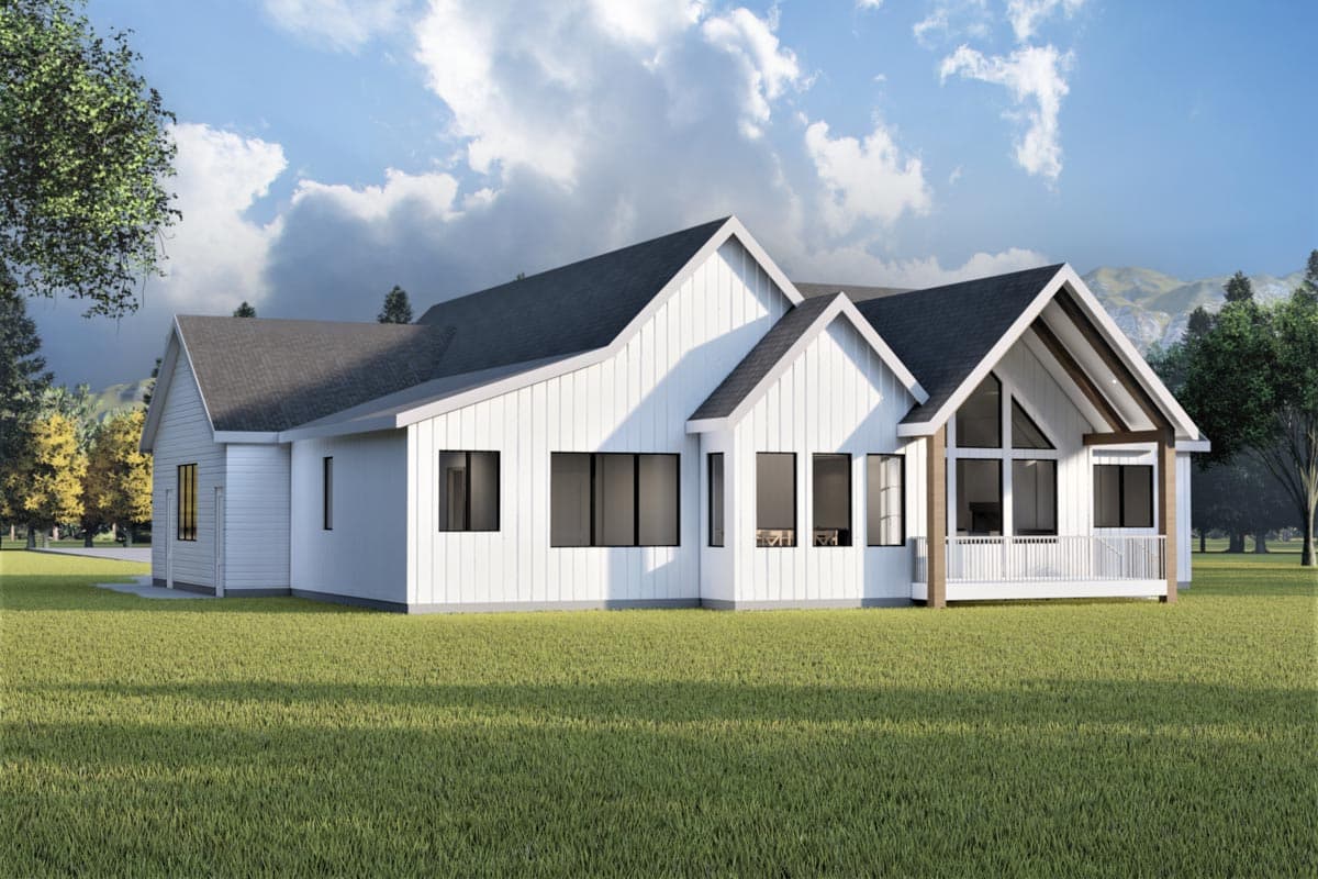 Modern Farmhouse house plan exterior with board-and-batten siding, gable rooflines, and large picture windows.