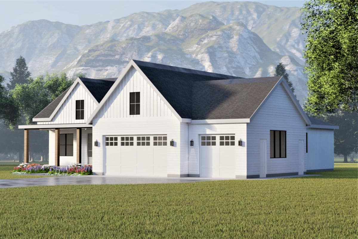 House plan exterior: Modern Farmhouse style, one story, with a covered porch, gable rooflines, and a three-car garage.
