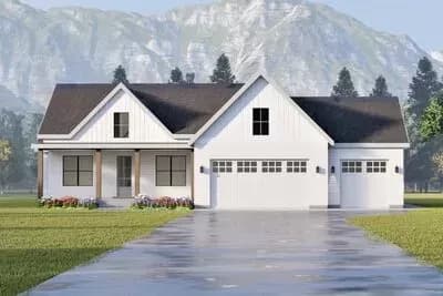 Modern Farmhouse Plan with Home Office and Vaulted Covered Rear Deck
