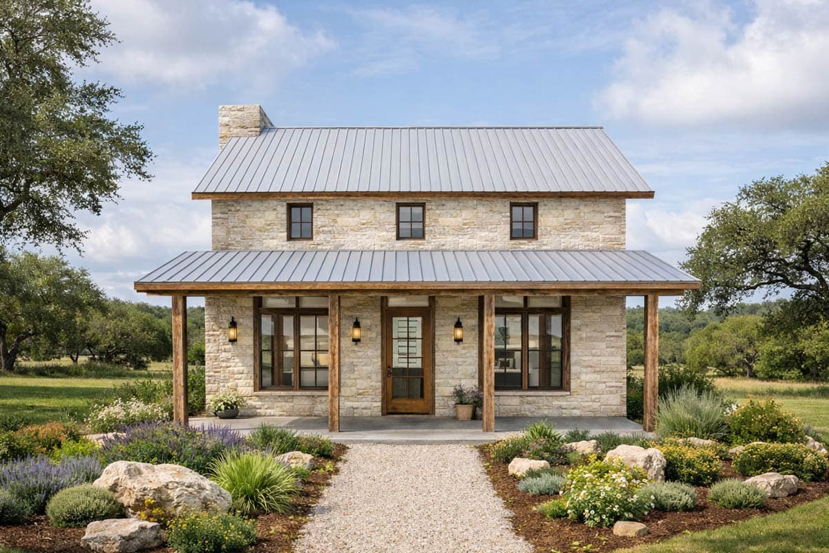 House plan exterior. Two-story farmhouse with metal roof, covered porch with exposed beams, and stone facade with dormers. Includes a stone chimney.