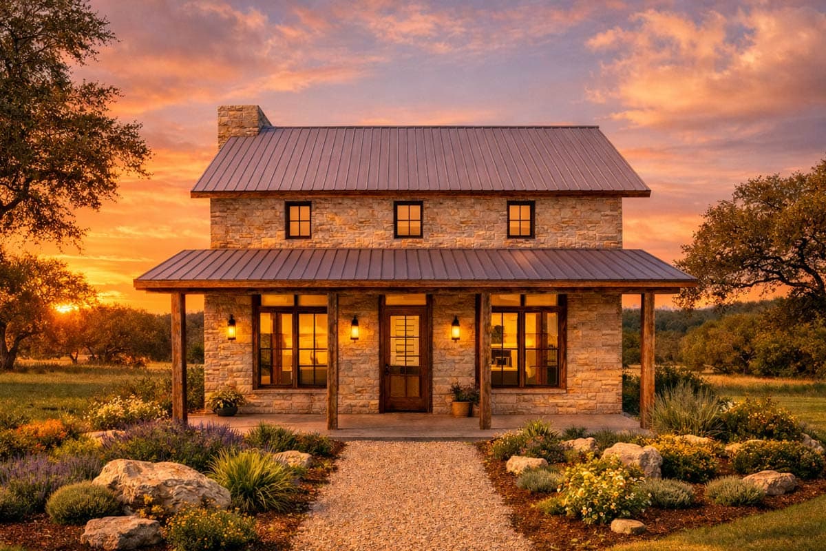 House plan exterior: two-story stone home with metal roof, covered front porch, and stone chimney.