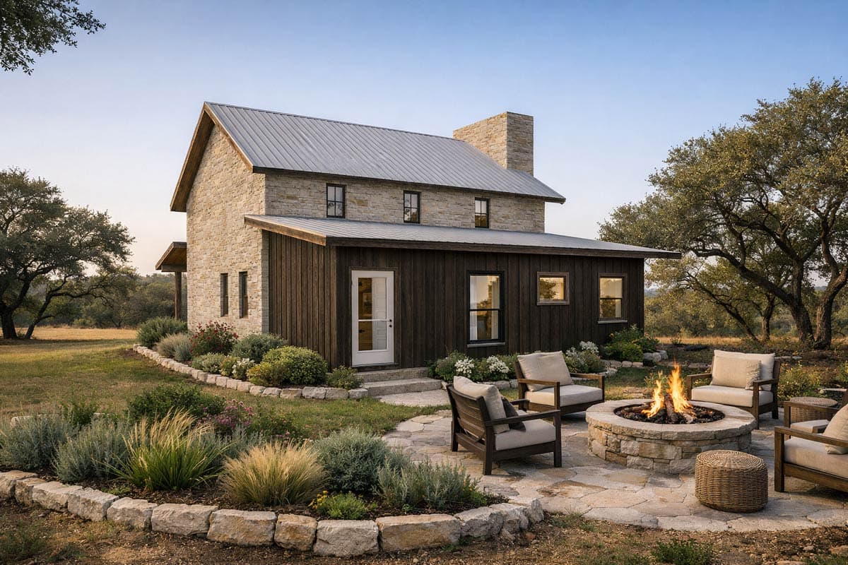 House plan exterior with stone and wood siding, metal roof, and stone chimney. Features a patio with a fire pit.