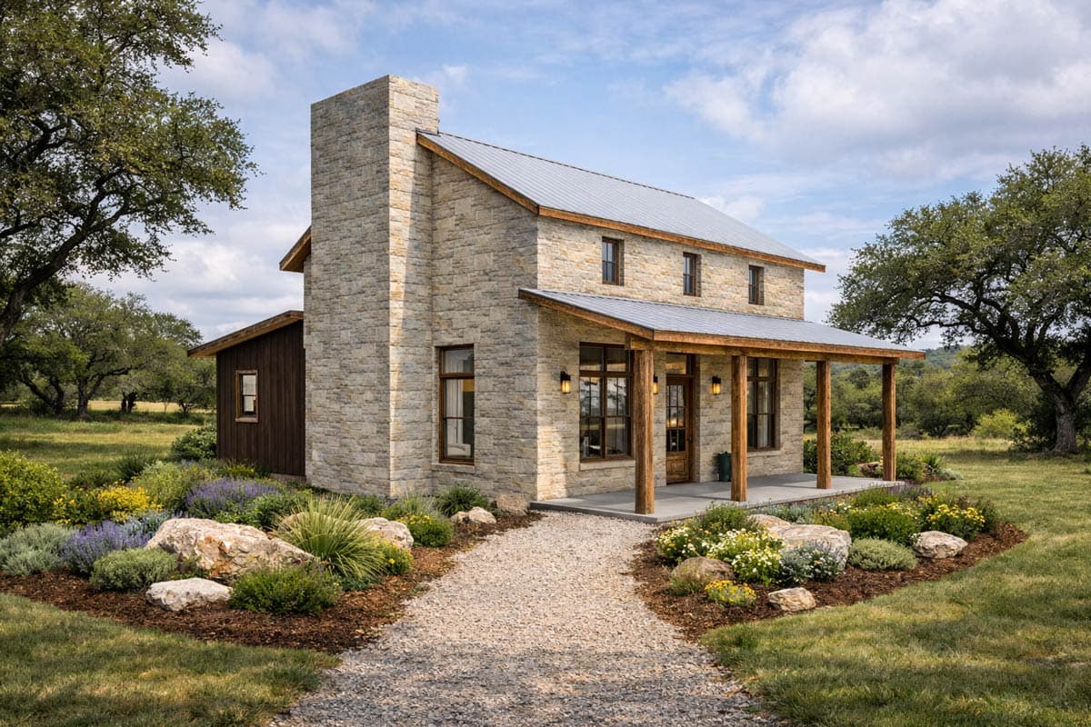 House plan exterior: Two-story stone and wood home with metal roof, prominent stone chimney, and covered front porch.