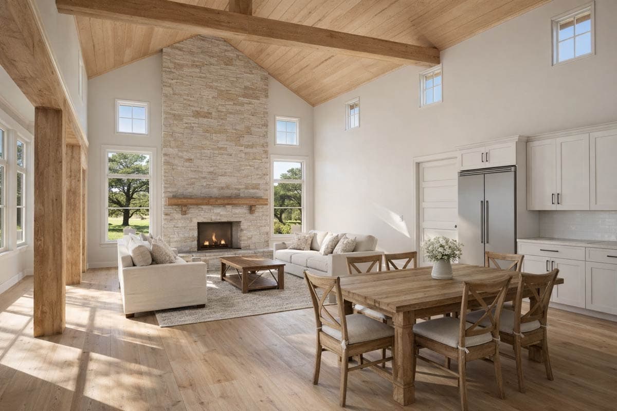 Interior rendering: Living room with stone fireplace, vaulted wood-beamed ceiling, dining area, and kitchen.
