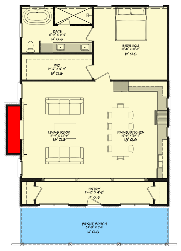 Plan 150013HRP: Exclusive 1-Bed Farmhouse Cottage Plan with High Ceilings - Floor Plan - Main Level - Cottage, Country, Farmhouse, Rustic, Traditional, Vacation