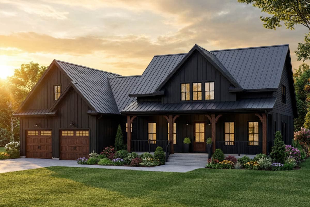 A modern farmhouse with black siding, a dark metal roof, and a welcoming porch. The house is surrounded by a well-manicured lawn and landscaping.