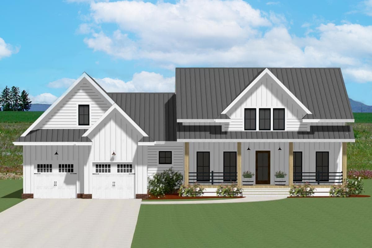 Modern Farmhouse house plan exterior with a prominent gable, metal roof, covered porch, and a two-car garage.