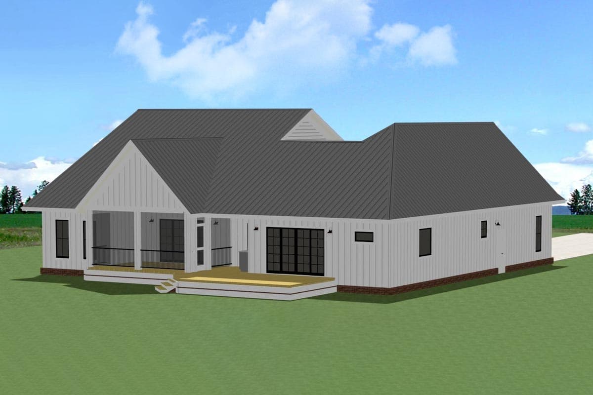 House plan exterior rendering of a one-story Modern Farmhouse with a covered porch, deck, and board and batten siding.