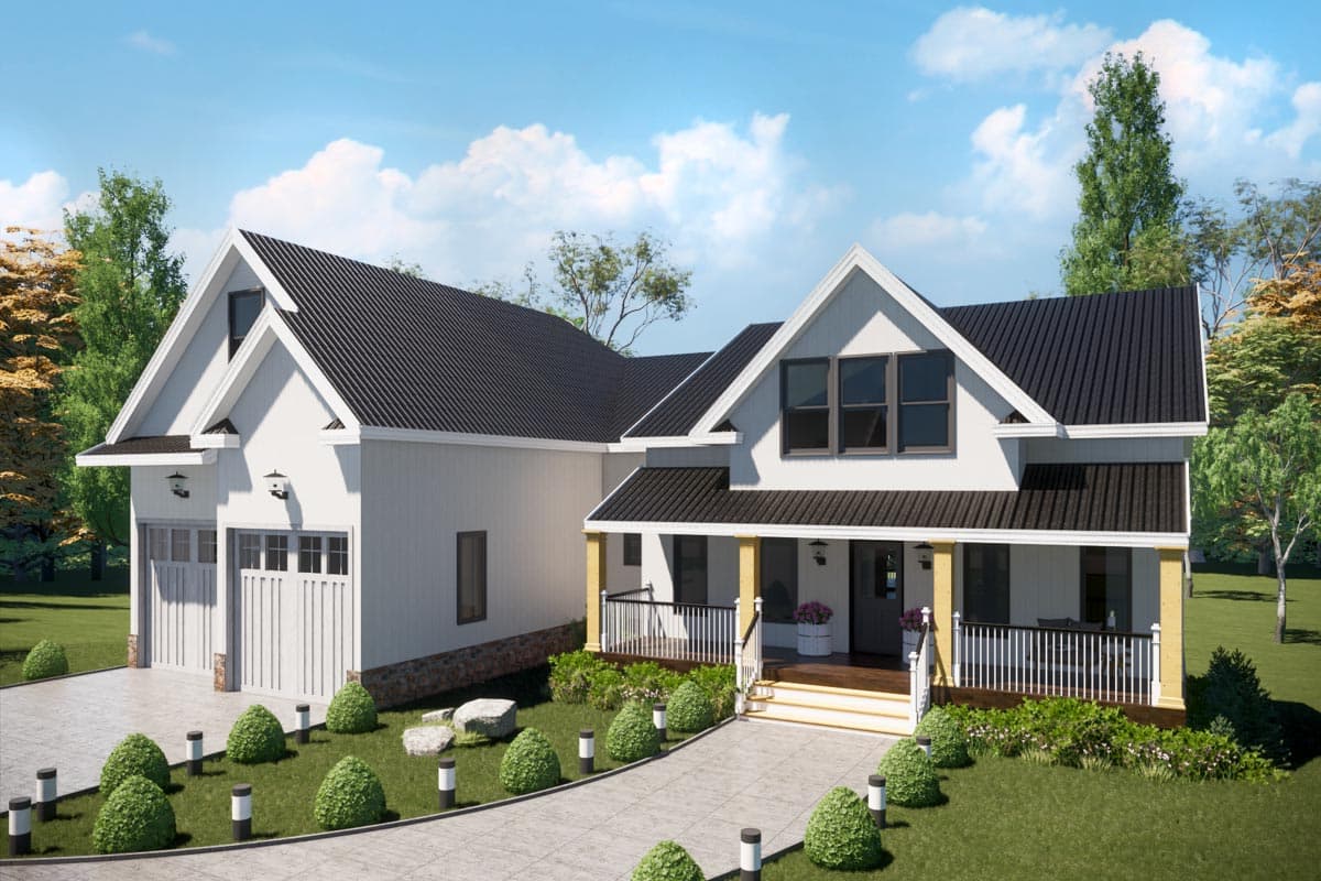Modern Farmhouse house plan exterior with gable dormers, a covered front porch with yellow columns, and a side-entry two-car garage.