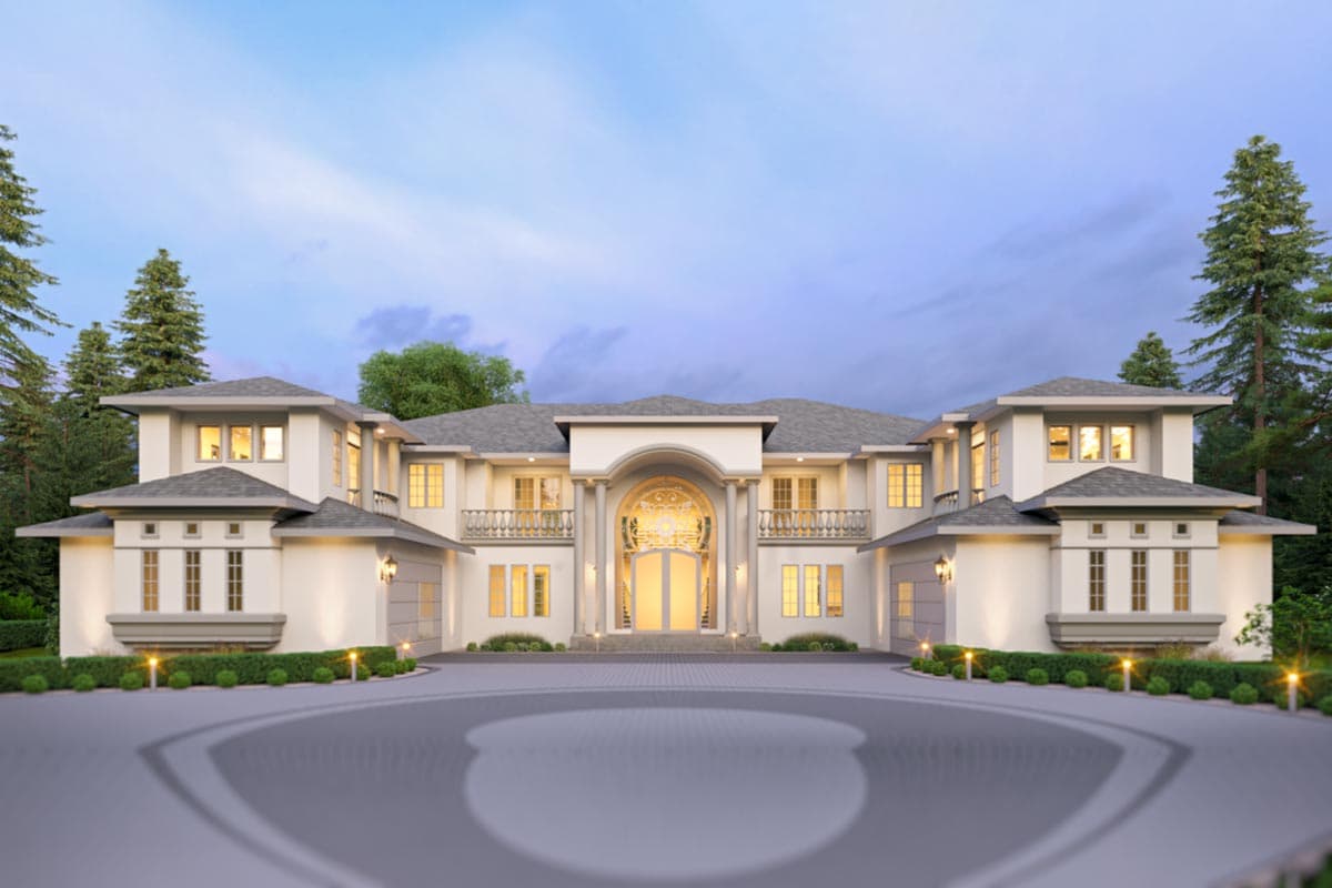 House plan exterior. Two-story with flat roof, porte-cochere, symmetrical facade, multiple balconies and garage bays.
