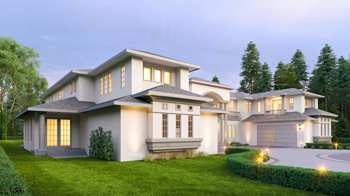 Modern house plan exterior with multiple gables, a prominent entryway with columns, and a curved driveway with a garage.