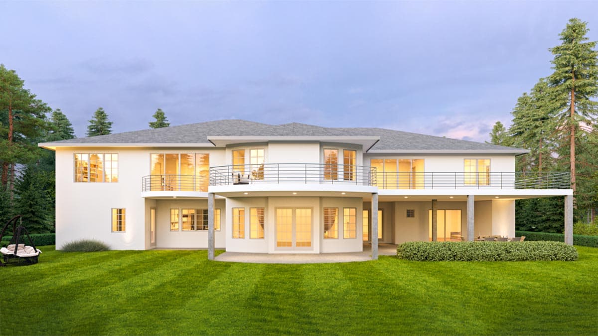 Modern house plan exterior with two stories, large windows, a wraparound balcony, and a lower-level patio.