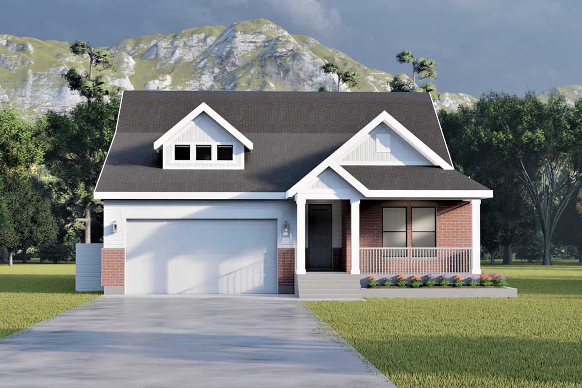 House plan exterior. One-story house with gabled roof, brick accents, and a front porch. Features include a dormer and an attached garage.