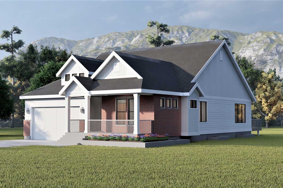House plan exterior, one story, pitched gables, front porch with white railings, and attached garage.