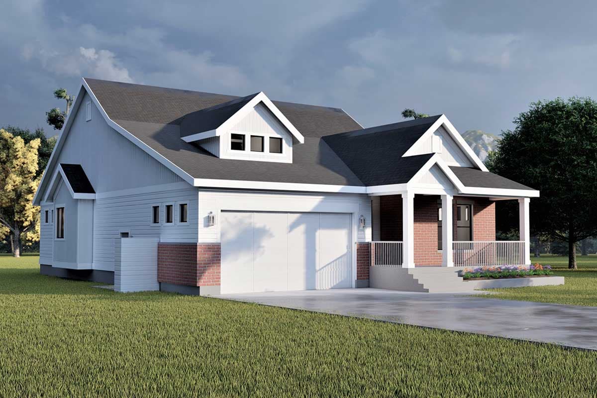 House plan exterior: Modern Farmhouse style, one-story with attached garage, front porch with brick accents, and dormer windows.