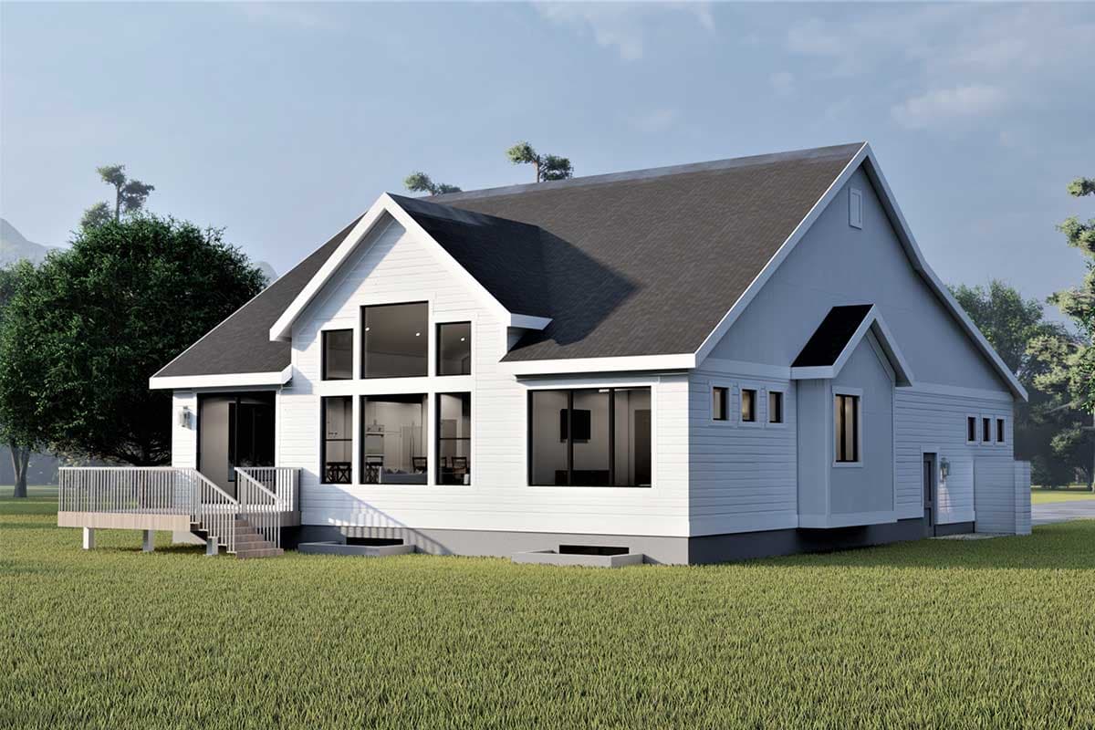 House plan exterior: Modern style, one story, white siding, gabled roof, large picture windows, and a deck.