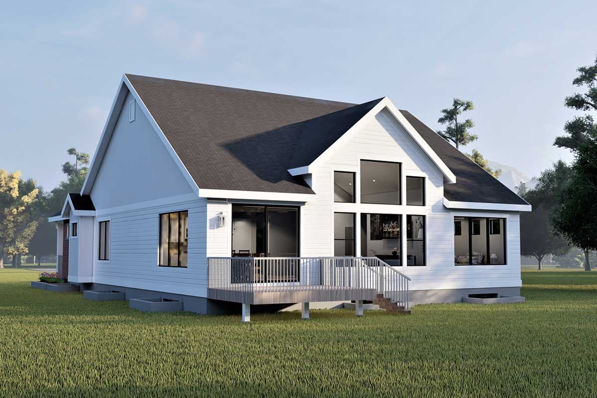 House plan exterior: Modern style, single-story, with a prominent gable roof, large windows, and a wraparound deck.