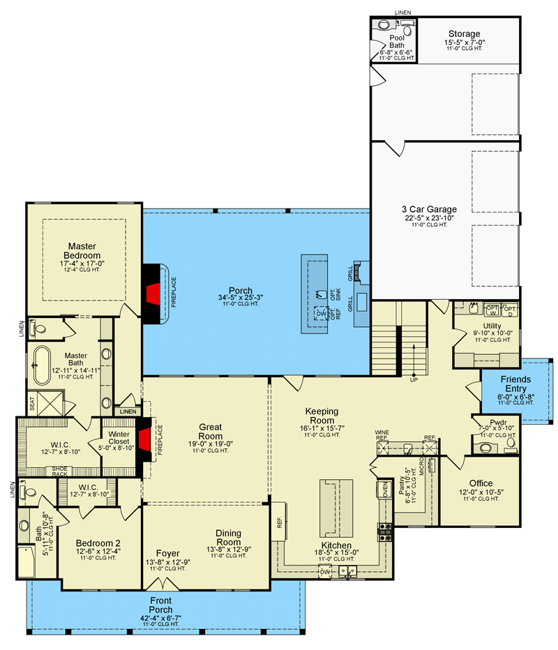 Plan 510223WDY: Rustic Farmhouse with Six-timbered Front Porch and a Touch of Brick - Floor Plan - Main Level - Country, Farmhouse, Modern Farmhouse, Rustic, Traditional