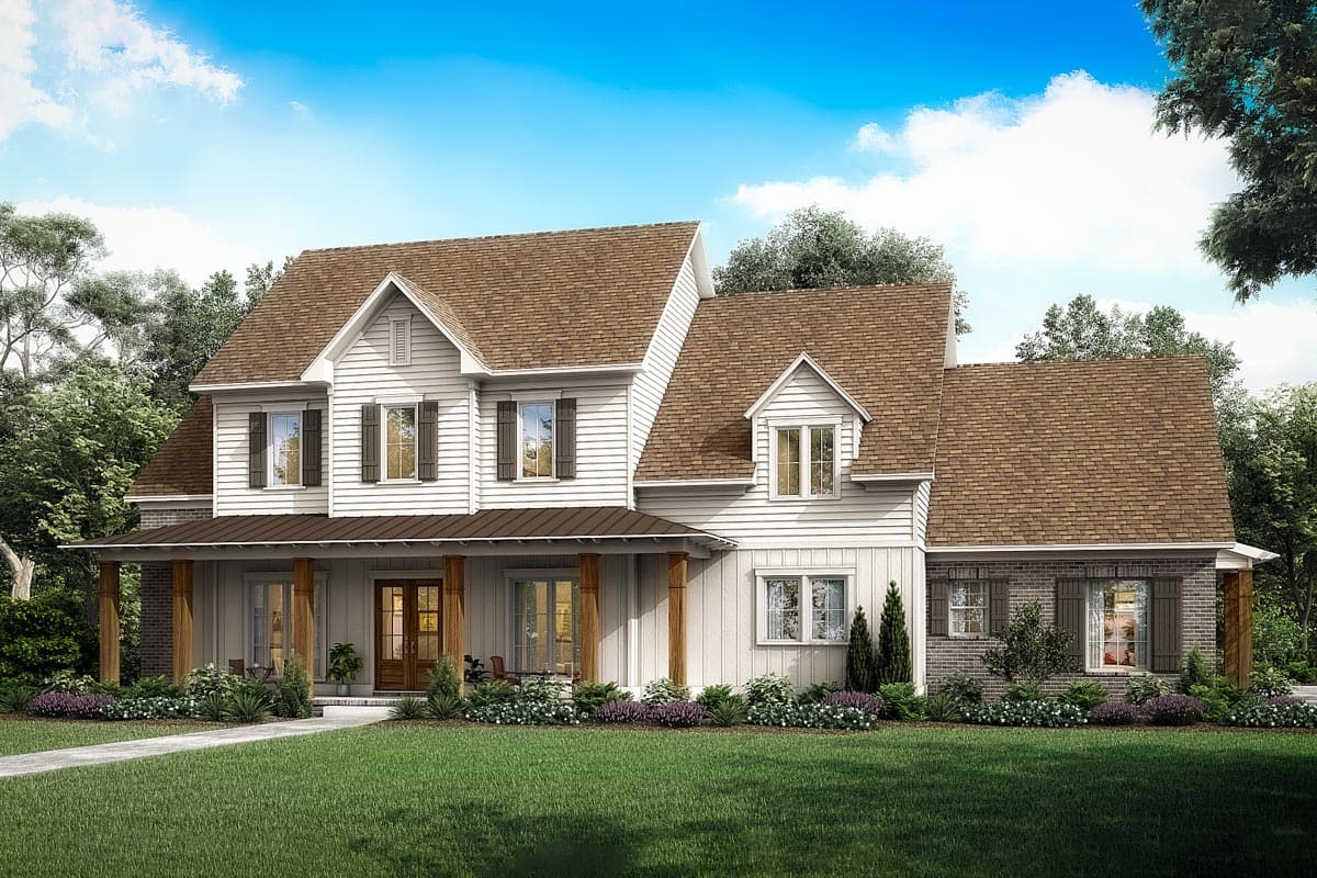 House plan exterior. Two-story Modern Farmhouse with a gabled roof, dormers, and a covered front porch with supporting columns.