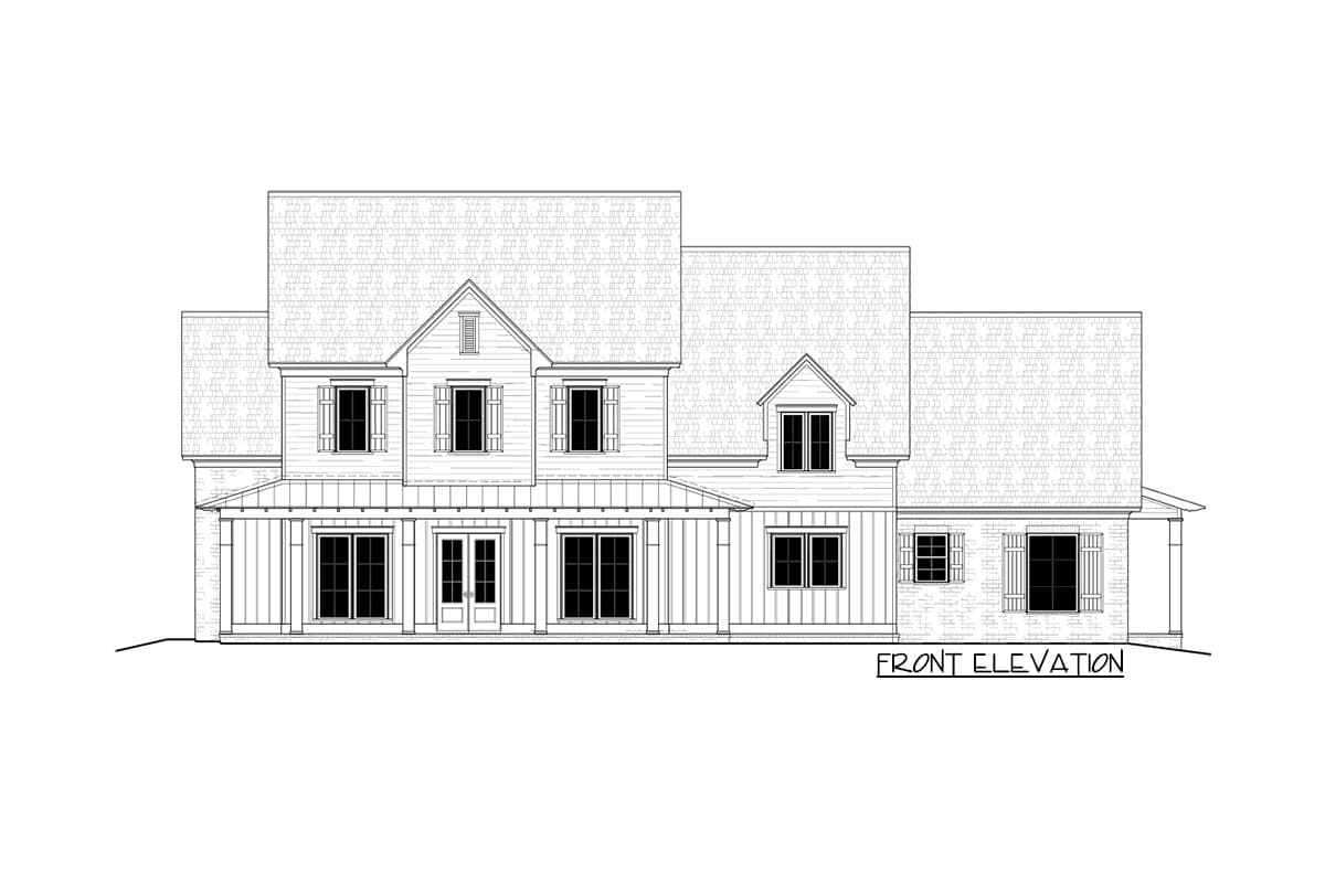 Front elevation of a two-story house plan featuring a wraparound porch, multiple gables, and decorative shutters.