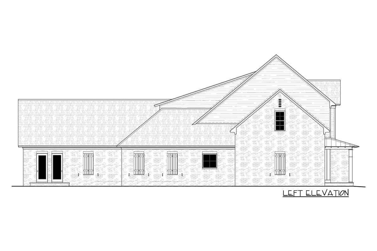 House plan left elevation drawing showing a multi-story brick structure with multiple gables and a covered porch.
