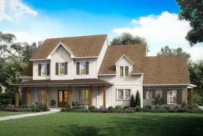 Rustic Farmhouse with Six-timbered Front Porch and a Touch of Brick