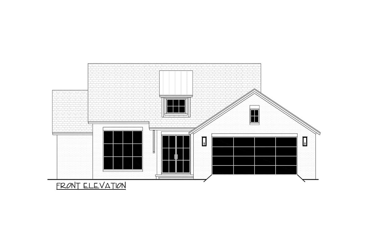 Front elevation drawing of a two-story house plan with a gable roof, dormer, and attached garage.