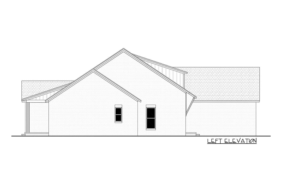 Left elevation house plan drawing showing a single-story brick structure with a covered porch, gables, and varied rooflines.