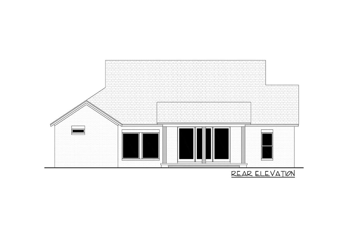 Rear elevation drawing of a house plan with multiple windows and sliding glass doors.
