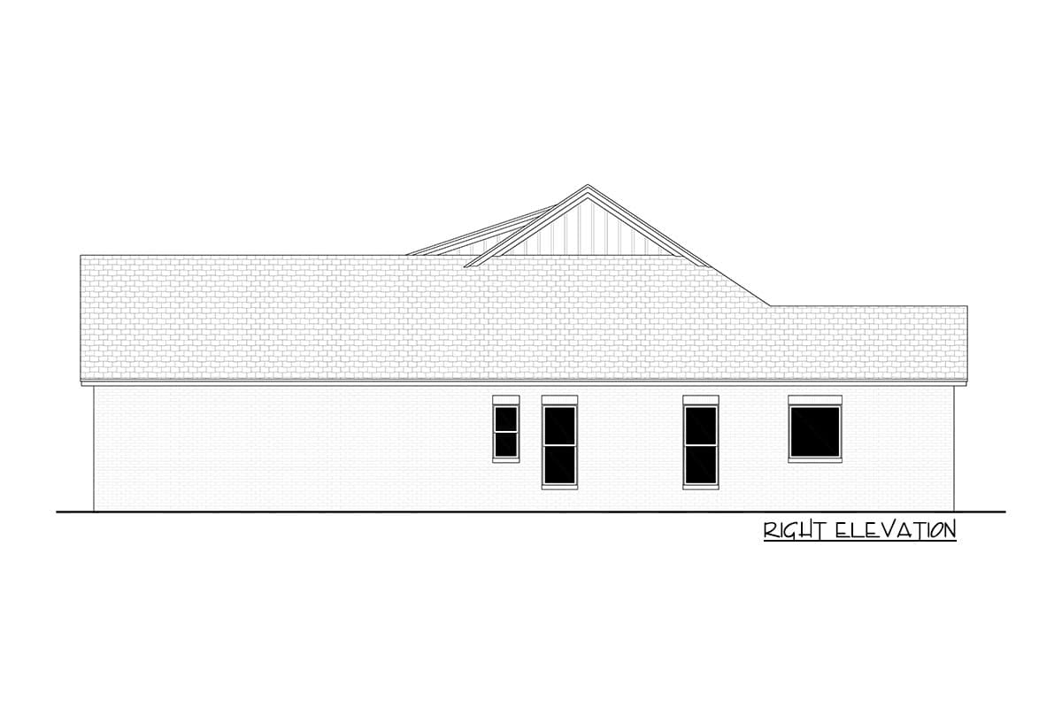 Right elevation drawing of a single-story house plan featuring a brick exterior, gabled roof, and several windows.