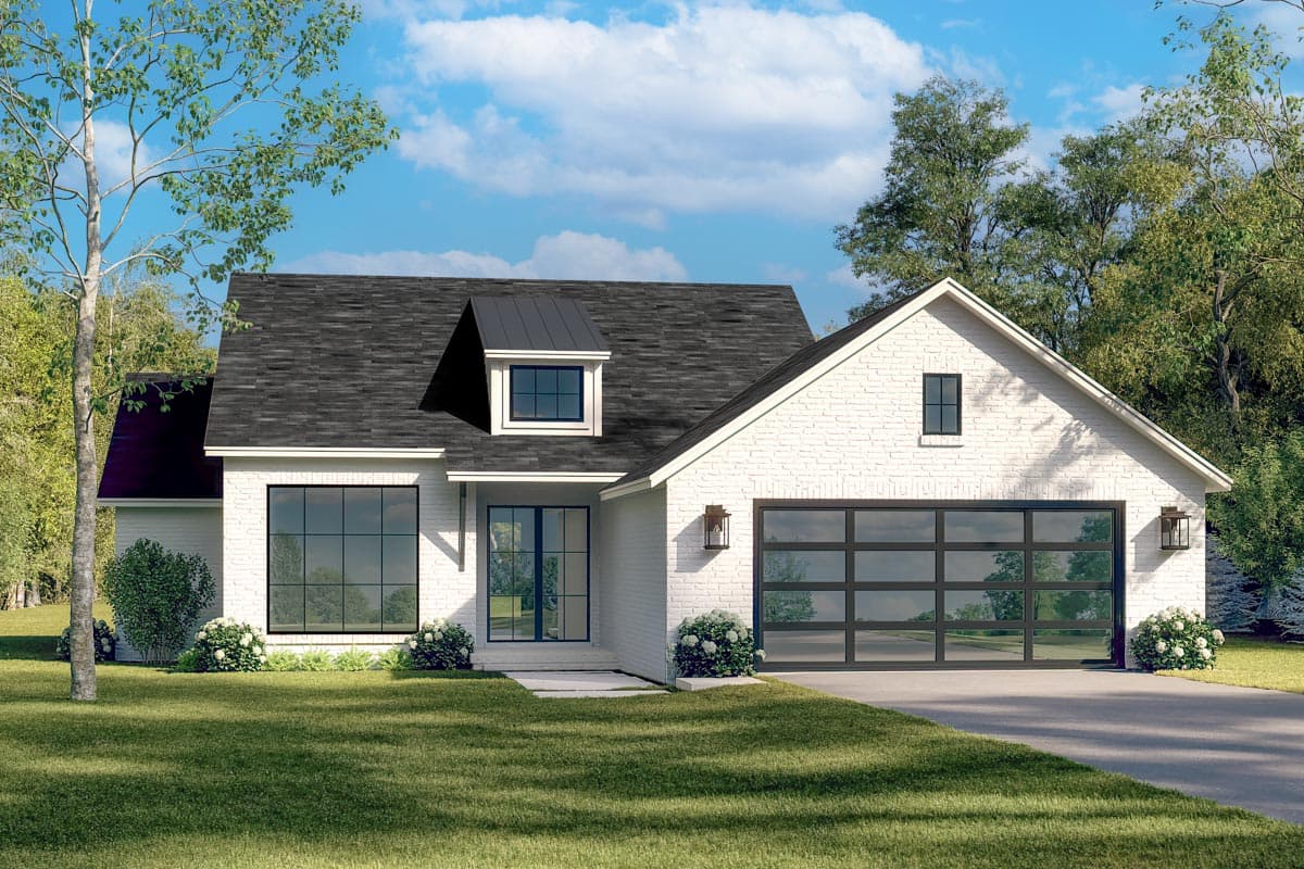 House plan exterior. Modern farmhouse style with a dormer, large windows, and a glass-paneled garage door. One-story structure.