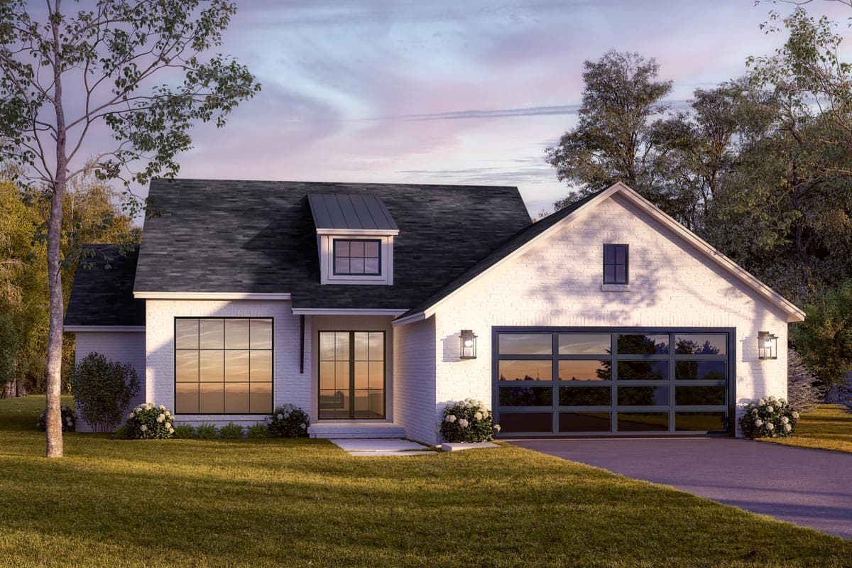 House plan exterior: Modern Farmhouse style, one-story, white brick, gabled roof with dormer, large windows, glass garage door.