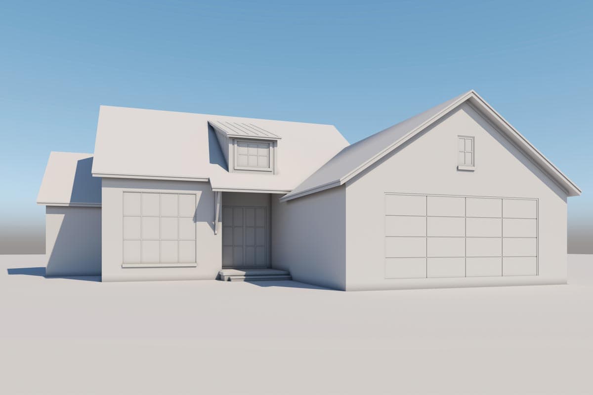 House plan exterior: Modern Farmhouse style, one-story with gabled roof, dormer, large garage door, and grid windows.
