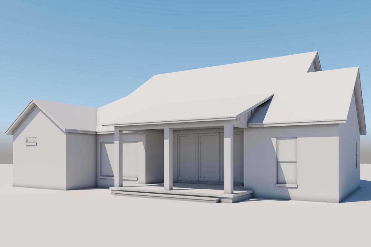 House plan exterior: single-story with covered front porch, double doors, gabled rooflines, and prominent window details.