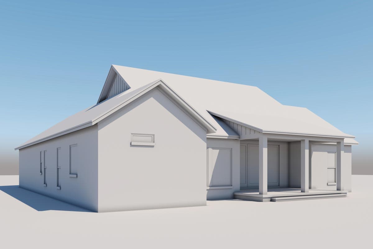 House plan exterior: One-story home with a prominent covered front porch, gabled dormer, and varied rooflines.