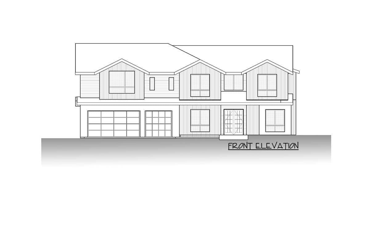 Front elevation drawing of a two-story house with a three-car garage, gabled dormers, and varied window styles.