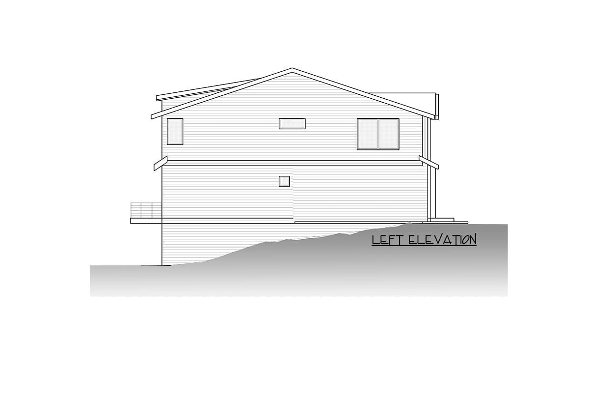 Left elevation house plan drawing showing two stories, horizontal siding, multiple windows, and a deck.