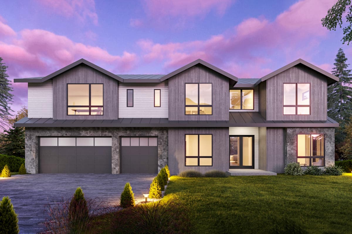 House plan exterior. Two-story Modern house with board and batten siding, gabled rooflines, and a two-car garage. Features large windows.