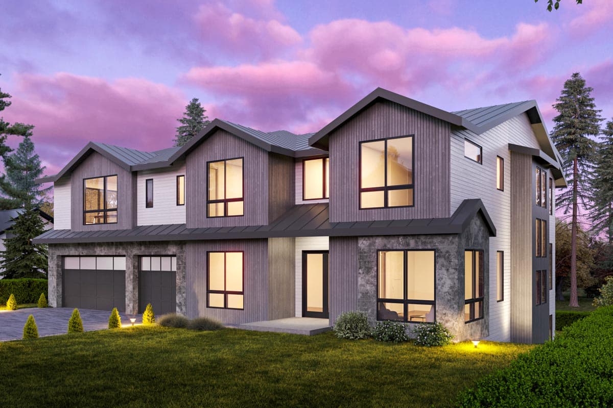 Modern house plan exterior with gabled rooflines, wood siding, stone accents, and a triple-car garage.