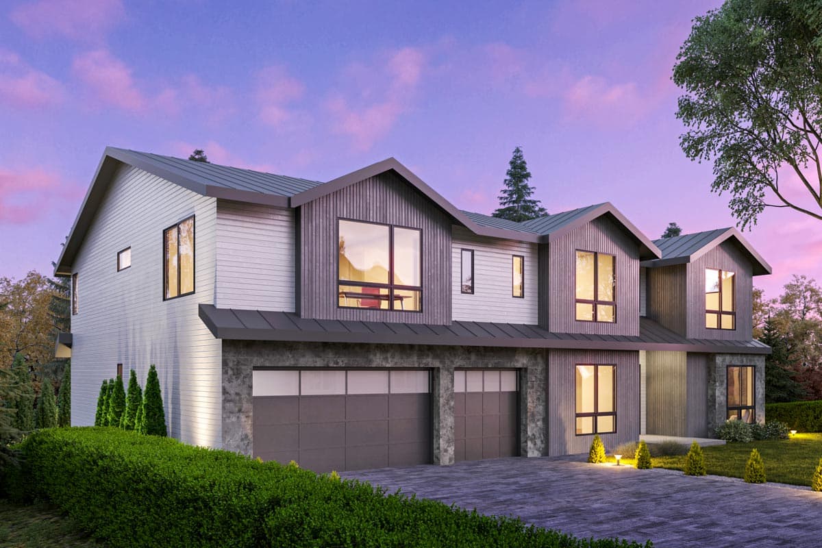 House plan exterior: Modern style, two stories, dual garage doors, mixed siding, and multiple gables.