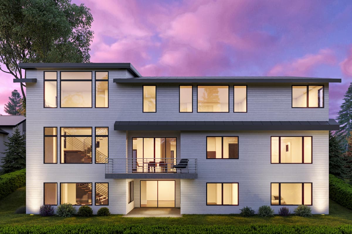 Modern house plan exterior: a three-story home with abundant large windows, a second-story balcony, and horizontal siding.
