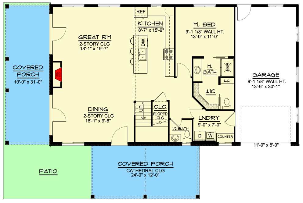 Plan 135167GRA: 3-Bed Barndominium-style House Plan with Two-story Great Room  - Floor Plan - Main Level - Barndominium, Country, Farmhouse, Modern Farmhouse