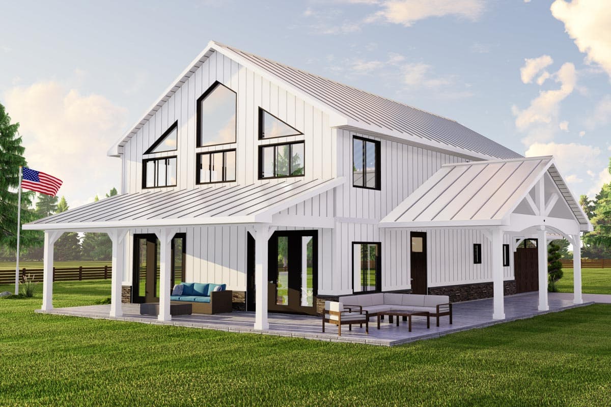 House plan exterior. Two-story Modern Farmhouse style with a gabled roof, a covered porch, and a shed-roofed entry. Features a metal roof.