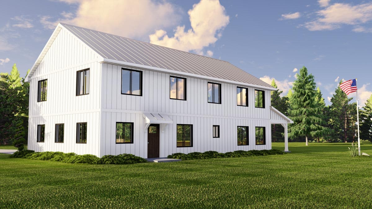 Modern Farmhouse house plan exterior, two stories, white board-and-batten siding, metal roof, and covered porch.
