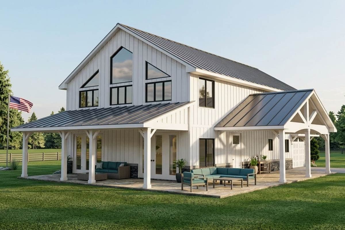 House plan exterior. Two-story Modern Farmhouse style with a gabled roof, a covered porch, and a shed-roofed entry. Features a metal roof.