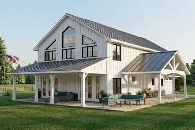 3-Bed Barndominium-style House Plan with Two-story Great Room 