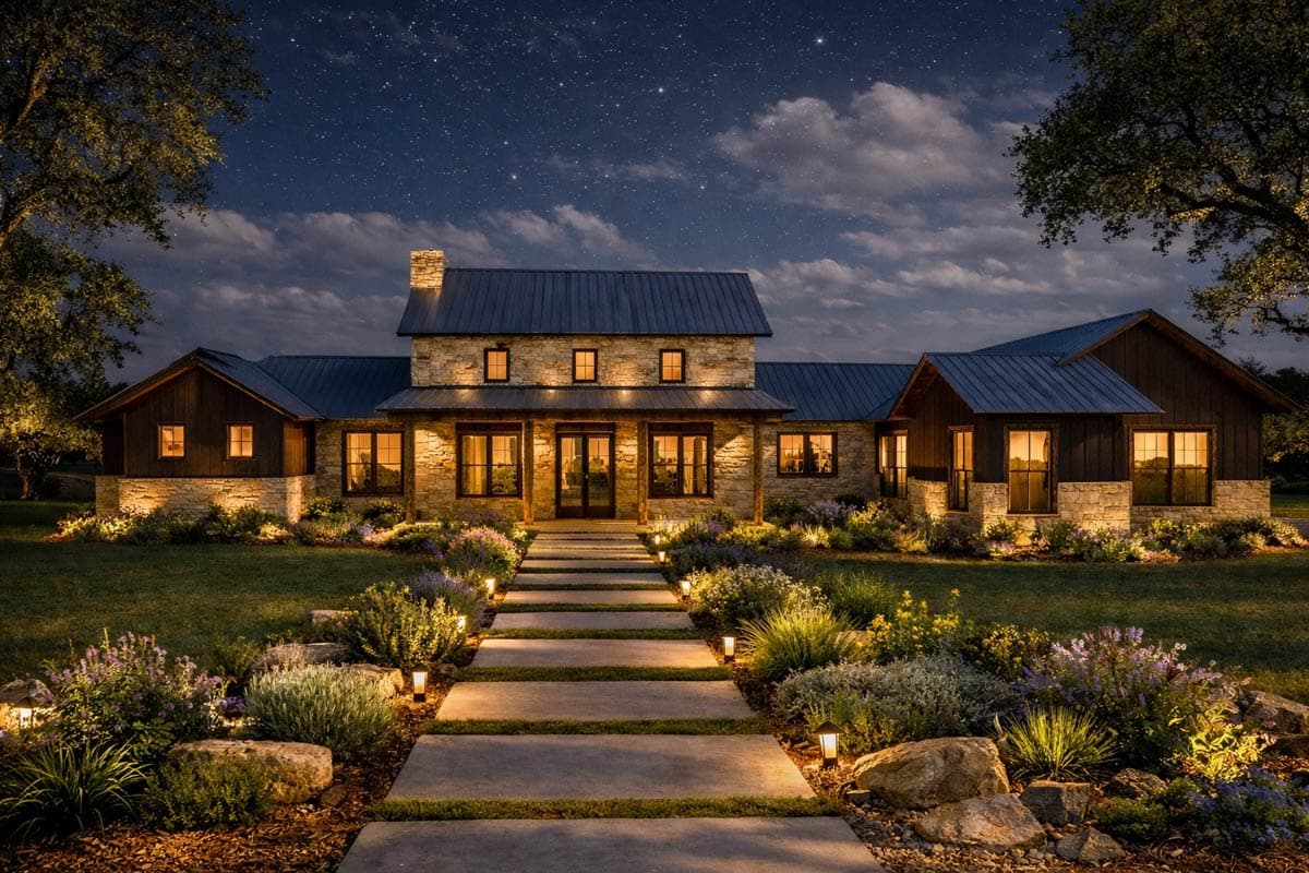 House plan exterior: Stone and wood facade, metal roof, two stories, prominent chimney, covered entry porch.