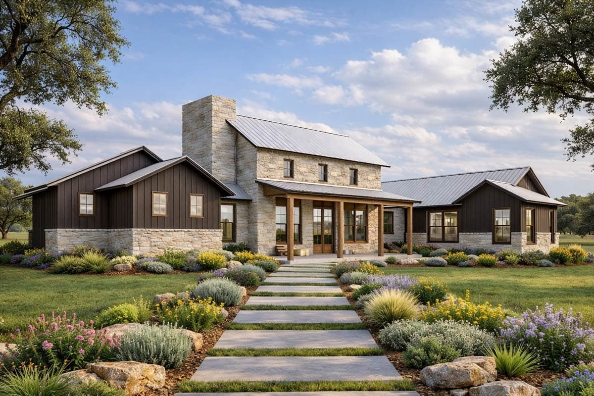 House plan exterior: Modern Farmhouse style, two stories, stone chimney, wood siding, metal roof, covered porch.