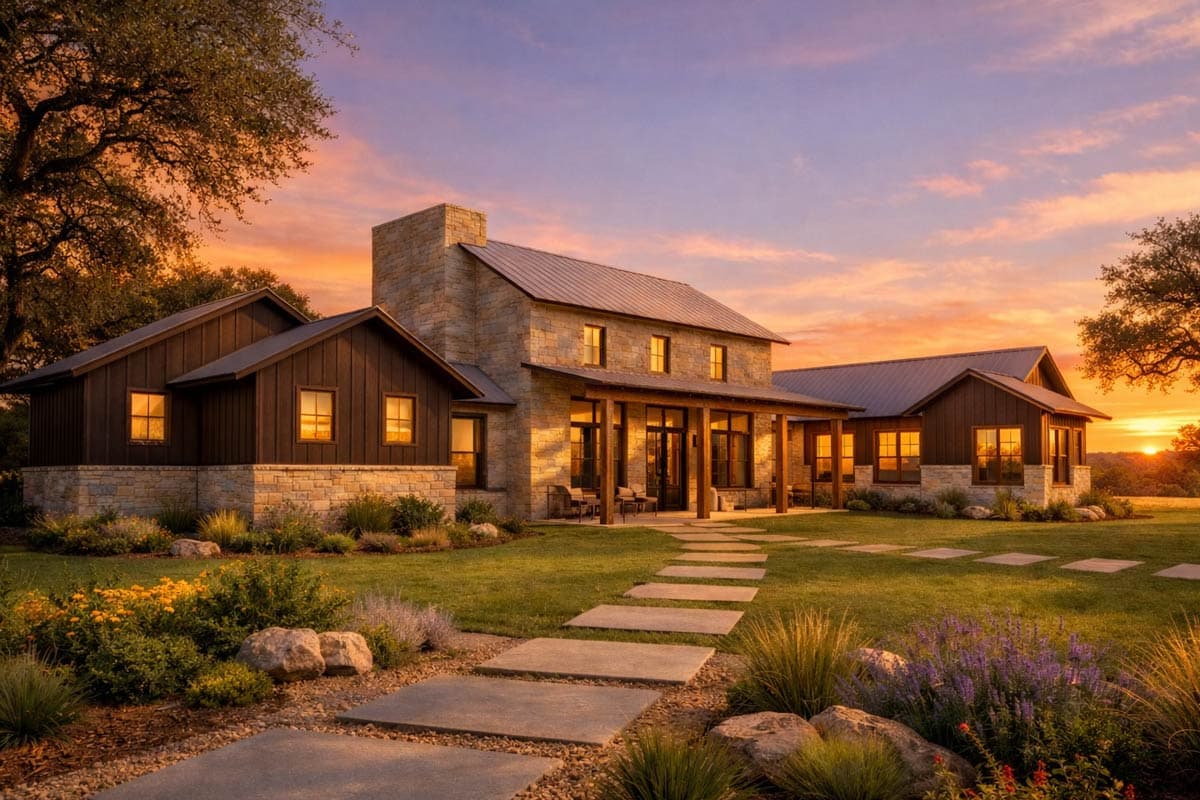 House plan exterior: Two-story main structure with a gabled stone chimney, wide porch, and dark wood siding. Connected one-story wings.