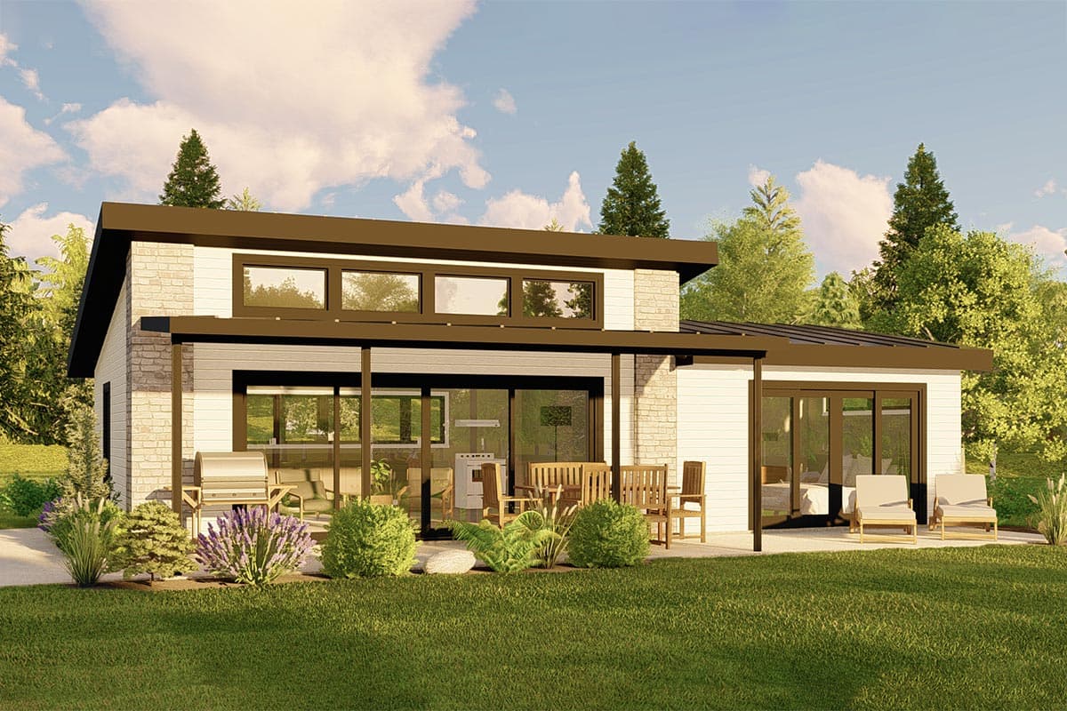 House plan exterior. Modern style with flat roof. Features include brick accents, large windows, and a covered patio area.